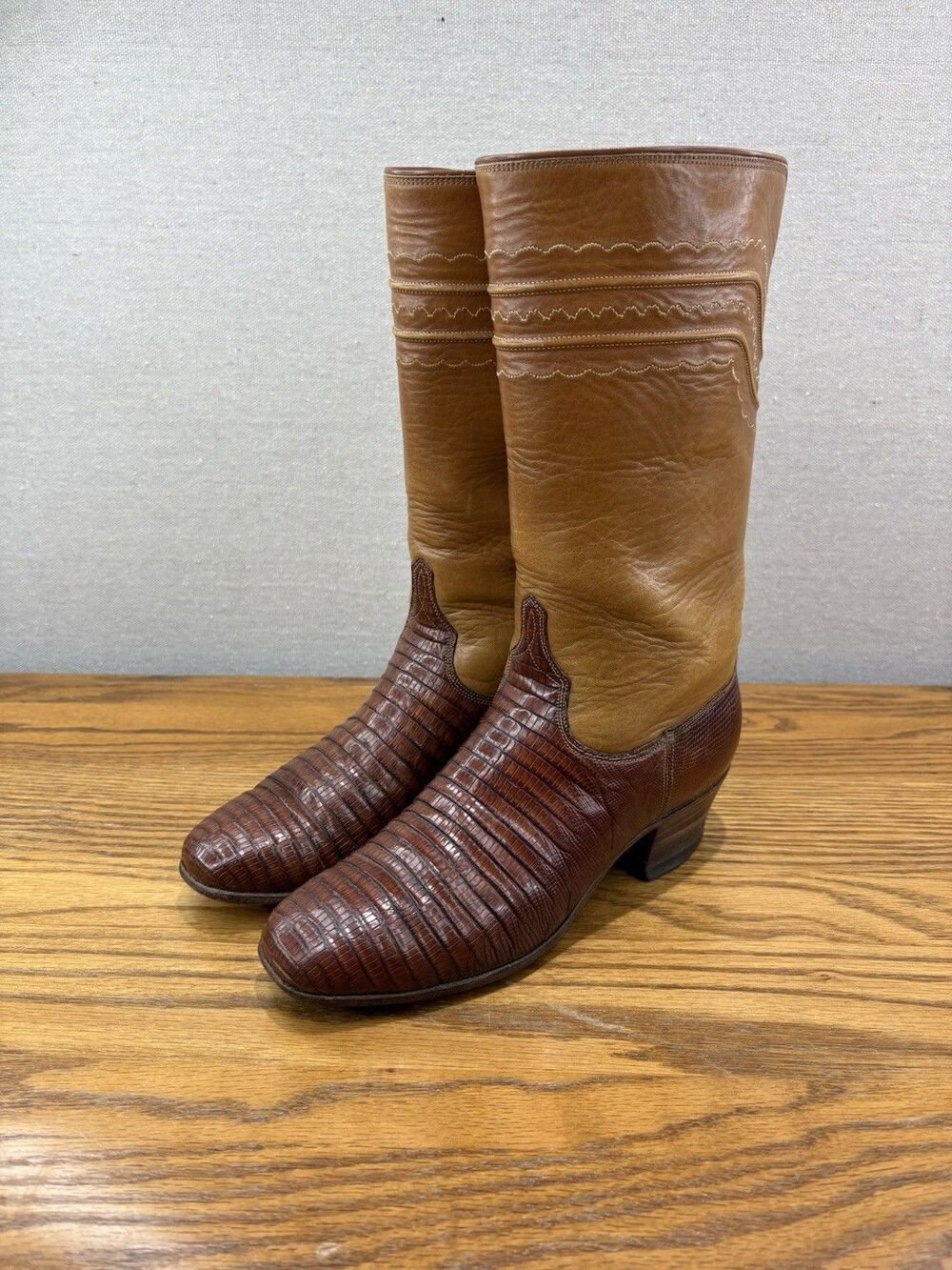 Lucchese San Antonio Teju Lizard Cowboy Boots Womens 7 B Brown Vintage 77857 USA